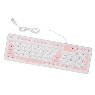 Imagem de ASHATA Teclado dobrável de silicone, teclado USB com fio, silencioso, à prova d'água, para notebook PC, laptop, 106 teclas (rosa)