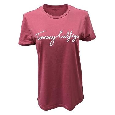 Imagem de Tommy Hilfiger Camiseta feminina de algodão de desempenho – Camisetas estampadas leves, Vermelho (logotipo do script), XXG