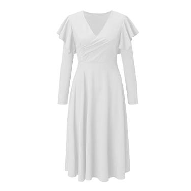 Imagem de UIFLQXX Vestido feminino de outono e inverno manga longa decote em V sexy elegante vestido plissado sólido manga longa vestidos, Branco, M
