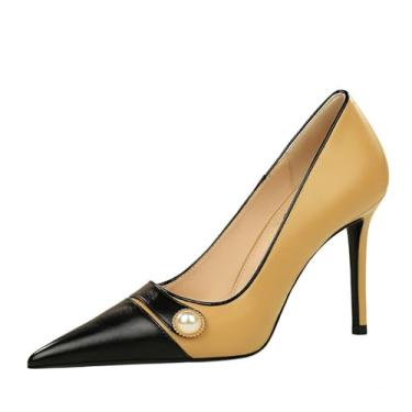 Imagem de YGJKLIS Sapatos femininos 10 cm stiletto bico fechado clássico slip on bico fino salto alto glitter formatura casamento sapatos para noiva, Caqui, 5