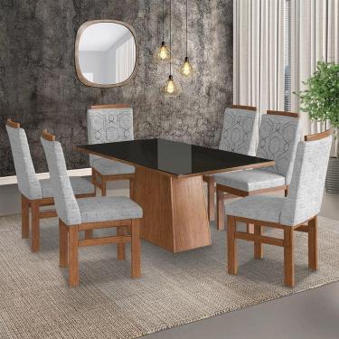 Imagem de Conjunto Sala de Jantar Mesa 90x160cm Tampo Vidro com 6 Cadeiras Madeira Maciça Tecido Linho Zamarch Canela/Preto