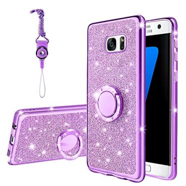 Imagem de KuDiNi Capa para Samsung S7, capa de telefone Samsung Galaxy S7 para mulheres com glitter cristal macio e transparente TPU luxuosa capa protetora fofa com alça de suporte para capa S7 (roxo purpurino)