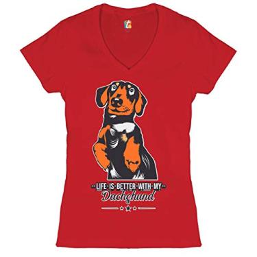 Imagem de Life is Better with My Dachsund Camiseta feminina gola V I Love My Dog Pet, Vermelho, G