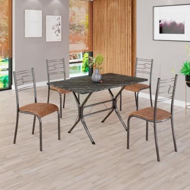 Imagem de Conjunto Sala de Jantar Mesa Retangular 100x60cm Tampo Pedra Ardósia Indiana 4 Cadeiras Paraty C. Marrom / Mart Prata