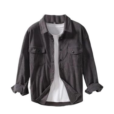 Imagem de WOLONG Camisa masculina de veludo cotelê folgada, manga comprida, gola virada para baixo, camisa social casual, Cinza 1295, P