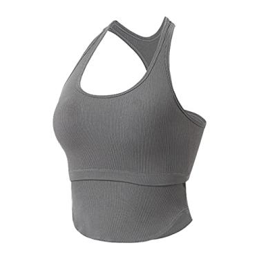 Imagem de Camiseta feminina costas nadador gráfica para treino plus size sem mangas elegante verão blusa rodada colete formal, Cinza, P