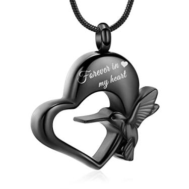 Imagem de QGJNSGC Colar de beija-flor, joia para cremação, colar de urna de beija-flor para cinzas, coração, cinzas, lembrança, joia de cremação, suporte de cinzas funerárias, Forever in my heart, metal, aço