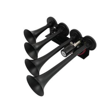 Imagem de Trompete quádruplo universal em linha 12 volts 4 trompete buzina de ar super alto dB com solenoide elétrico de 12 V para veículos 12 V, captador SUV, caminhões, trailers, trem, preta, buzinas 4