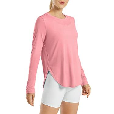 Imagem de G4Free Camisas femininas FPS 50+ UV manga longa treino sol camisa academia ao ar livre caminhada tops secagem rápida leve, rosa, G