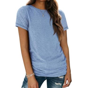 Imagem de ATHMILE Camiseta feminina de manga curta e gola redonda camiseta básica de verão, Azul gelo, GG