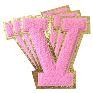 Imagem de 3 peças de remendos de letras de chenille rosa glitter ferro em remendos de letras universitárias remendo bordado de chenille costurar em remendos para roupas chapéu bolsas jaquetas camisa (rosa, V)