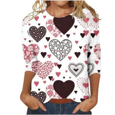 Imagem de Suéter feminino Love Heart Dia dos Namorados. Moletom gráfico amor solto manga 3/4 camisetas presente para casais, Vermelho, GG