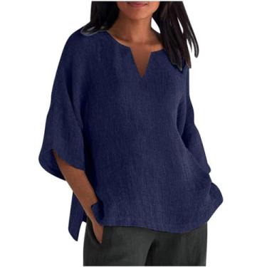 Imagem de Camisetas femininas de linho de verão, gola V, blusa de manga comprida, caimento solto, túnica casual, estampa de dente-de-leão roupas, C - Azul-marinho, P