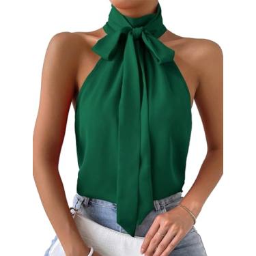 Imagem de Remidoo Regata feminina casual sem mangas, gola autoamarrada, plissada, frente única, Gravata verde, GG