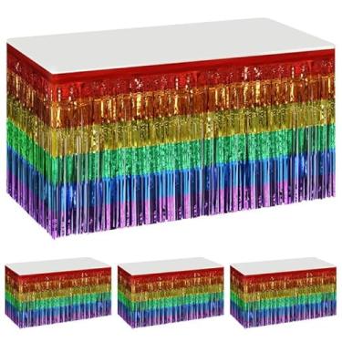 Imagem de 4 pacotes de saias de mesa arco-íris orgulho - 279.4 cm x 76.2 cm LGBT Rainbow Metallic Foil Franja Tinsel saias de mesa - toalha de mesa com franja de folha de tinsel decorações LGBT para o Dia do