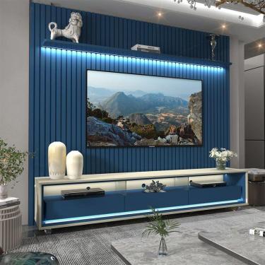 Imagem de Rack com Painel Ripado para Tv até 85 Polegadas Led 3 Gavetas com Rodízios 230cm Naturale Azul Royal/Off White