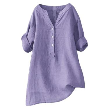 Imagem de Camiseta de linho feminina Henley cor sólida manga longa plus size túnica verão sair, Roxa, P