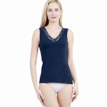 Imagem de Camiseta regata feminina com design italiano de algodão premium - Acabamento com renda floral no decote, 922-azul-marinho, GG