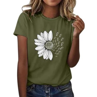 Imagem de Camisetas femininas com estampa de girassol, gola redonda, caimento solto, manga curta, camiseta de verão para sair, Bronze, 4G
