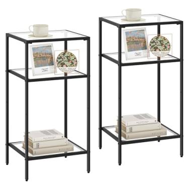 Imagem de Homhedy Mesa lateral de 3 andares, conjunto de 2 mesas de canto com vidro temperado, mesinhas de cabeceira com prateleiras de armazenamento, mesa de sofá fina para sala de estar, quarto (2, preto)