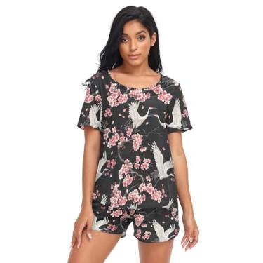 Imagem de CHIFIGNO Conjunto de pijama feminino de manga curta, conjunto de pijama de verão com 2 peças, conjunto de pijama feminino, Guindastes brancos flores de cerejeira rosa - 1, P