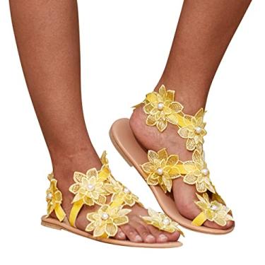 Imagem de Sandálias femininas casuais de verão retrô com dedo do pé romano sem cadarço e flores para casamento, Amarelo, 7.5