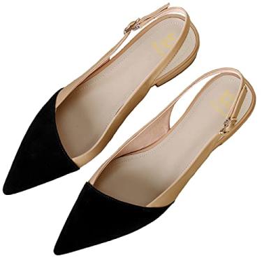 Imagem de LEHOOR Sandálias femininas sem salto plano, bico fino, bico fechado, dois tons, sandálias de salto plano, tiras colorblock com fivela, patchwork, sem costas, confortável, chique, escritório, verão,