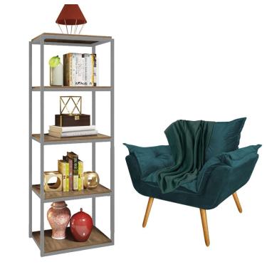 Imagem de Kit Poltrona Fatte com Manta Soft Verde e Estante Livreiro Ferro Cinza MDF Castanho Suede Azul Turquesa - Ahz Móveis