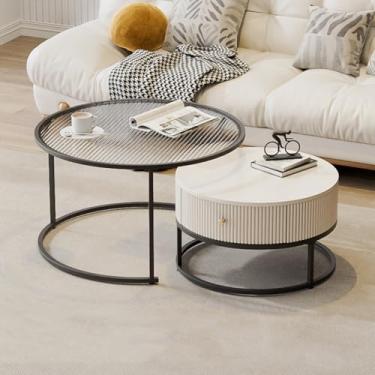 Imagem de Conjunto de 2 mesas de centro redondas com gavetas, conjunto de mesa lateral para sala de estar, quarto, varanda
