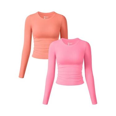 Imagem de OQQ Camisetas femininas de 2 peças, manga comprida, gola redonda, franzidas, elásticas, básicas, justas, Coral-laranja, rosa doce, G