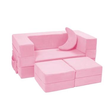 Imagem de Elftopia Sofá infantil modular, poltrona de espuma para crianças, conjunto de sofá de pelúcia conversível para crianças, sofá-cama dobrável (rosa)