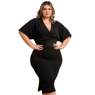 Imagem de Conjunto Blusa Morcego + Saia Midi Modeladora Canelada Lápis Feminino 