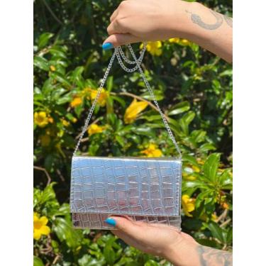 Imagem de Bolsa Festa Quadrada Croco Prata Metalizado Elegante Tiracolo Alça Cor