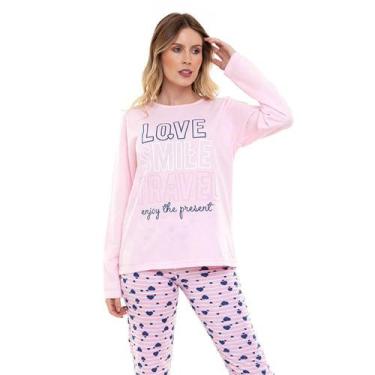 Imagem de Pijama Longo Moletinho Doce Luar 10872 Love - Rosa, M, Rosa, Branco