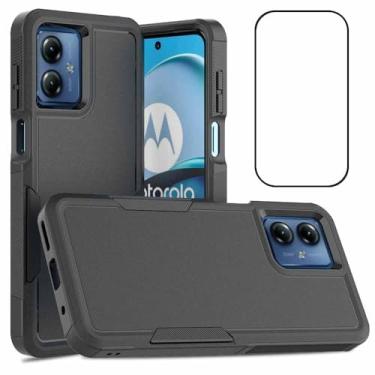 Imagem de Niopiee Capa protetora rígida à prova de choque de camada dupla para Moto G14 com protetor de tela de vidro temperado, híbrido, resistente, antiarranhões, antiderrapante, capa preta