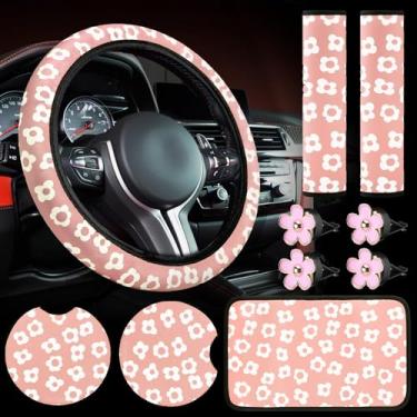 Imagem de Frienda 10 peças lindas flores conjunto de acessórios de carro capa floral para volante flores clipes de saída de ar do carro console central almofada de console central almofada de console central tapete de copo de carro capas de cinto de segurança para mulheres meninas