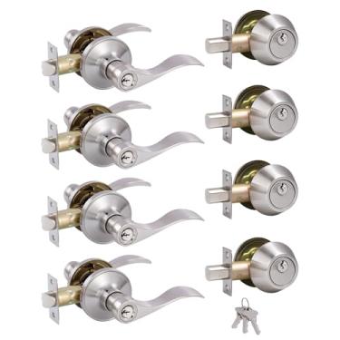 Imagem de GITRANG (Pacote com 4) Conjunto de fechadura de maçaneta de porta frontal com chave semelhante com cilindro único, alavanca estilo onda, maçaneta da porta da frente/porta externa com trava e fecho,
