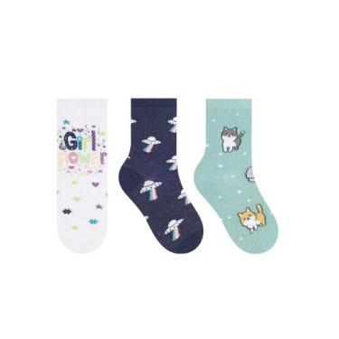 Imagem de Kit Selene 3 Pares Meia Menina Cano Alto 2451 Branco/Marinho/Verde, 25