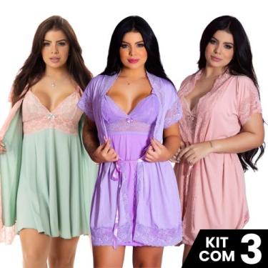 Imagem de Kit 3 Robes Roupão e 3 Camisolas Amamentação Pós Parto Liso Maternidad