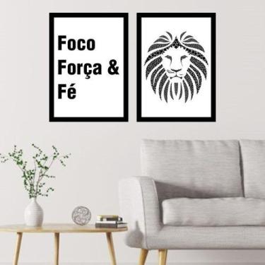 Imagem de Kit 2 Quadros Foco, Força e Fé - Leão 45x34cm - com vidro - Quadros On