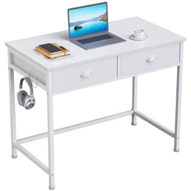 Imagem de Furologee Mesa branca para computador pequena com 2 gavetas de tecido, mesa de escrita simples para escritório doméstico de 91 cm, penteadeira com ganchos, mesa de estudo para quarto, espaços pequenos