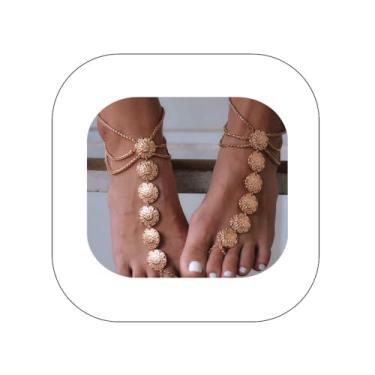 Imagem de Asphire Tornozeleira de moeda boêmia com anel de dedo do pé 2 peças sandálias de verão praia descalço boho, pulseira de tornozelo feminina acessórios para pés (21,5 cm, dourada)