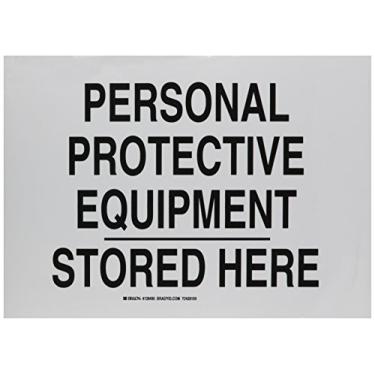 Imagem de Brady 128495 Placa de proteção pessoal, legenda "Equipamento de proteção individual armazenado aqui", 25,4 cm de altura, peso de 35,5 cm, preto sobre branco