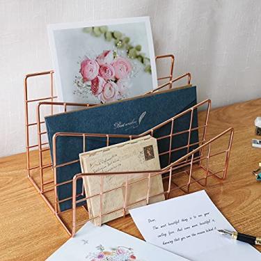 Imagem de Hamphinee Desk Mail Organizer, Office Letter Sorter Desktop File Organizer Metal Mesh with 3 Vertical Upright Compartments, 8.9”x5.2“x5.5”, Rose Gold