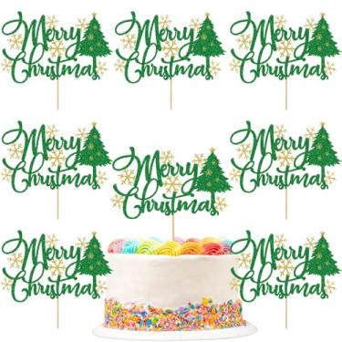 Imagem de 8 Packs Merry Christmas Cake Toppers Green Glitter Christmas Trees Gold Snowflake Design Big Cake Toppers Xmas Holiday Cake Decorations Cupcake Toppers for Party Baking Cake Supplies