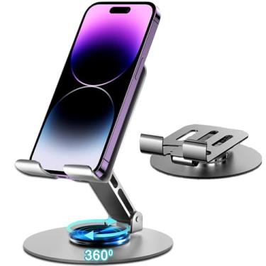 Imagem de Jofnaylr Suporte de telefone de mesa, suporte de celular de metal para mesa, totalmente ajustável/dobrável/base giratória de 360 graus para iPhone iPad e mais celular/tablet/switch - cinza prateado