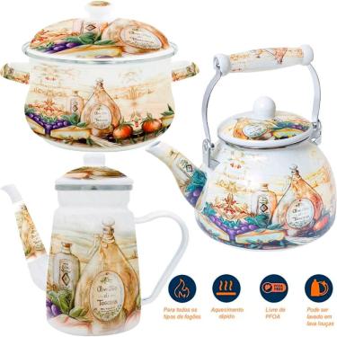 Imagem de Trio Panela Chaleira Bule Italy Esmaltados À Indução Vintage