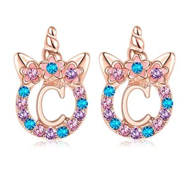 Imagem de TRWWELL Lindos brincos de unicórnio, hipoalergênicos, com strass, letra inicial, para meninas, unicórnios, presentes para crianças, Zinco, Strass