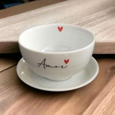 Imagem de Cumbuca Tijela Pires Porcelana Branca Decorada Palavra Amor Coracao Co
