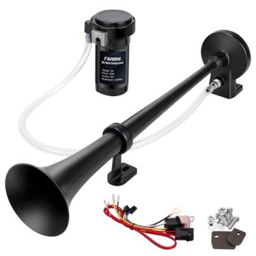 Imagem de FARBIN Buzina de trem para caminhão 12V 150 dB buzina de ar para carro super alto 18 polegadas trompete único buzina de caminhão com compressor e chicote de fios 12V preto buzina de ar única 45,7 cm
